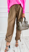 Drapey Twill Adjustable Scrunch Joggers - Mocha-170 Bottoms-Allie Rose-Coastal Bloom Boutique, find the trendiest versions of the popular styles and looks Located in Indialantic, FL