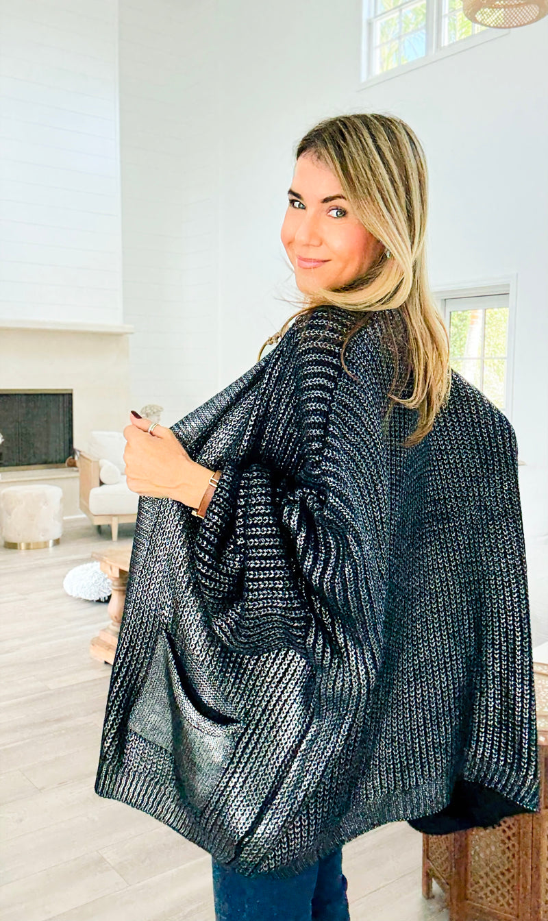 Mirrored Metallic Sugar High Italian Cardigan- Navy/ Silver-150 Cardigan Layers-Italianissimo-Coastal Bloom Boutique, find the trendiest versions of the popular styles and looks Located in Indialantic, FL