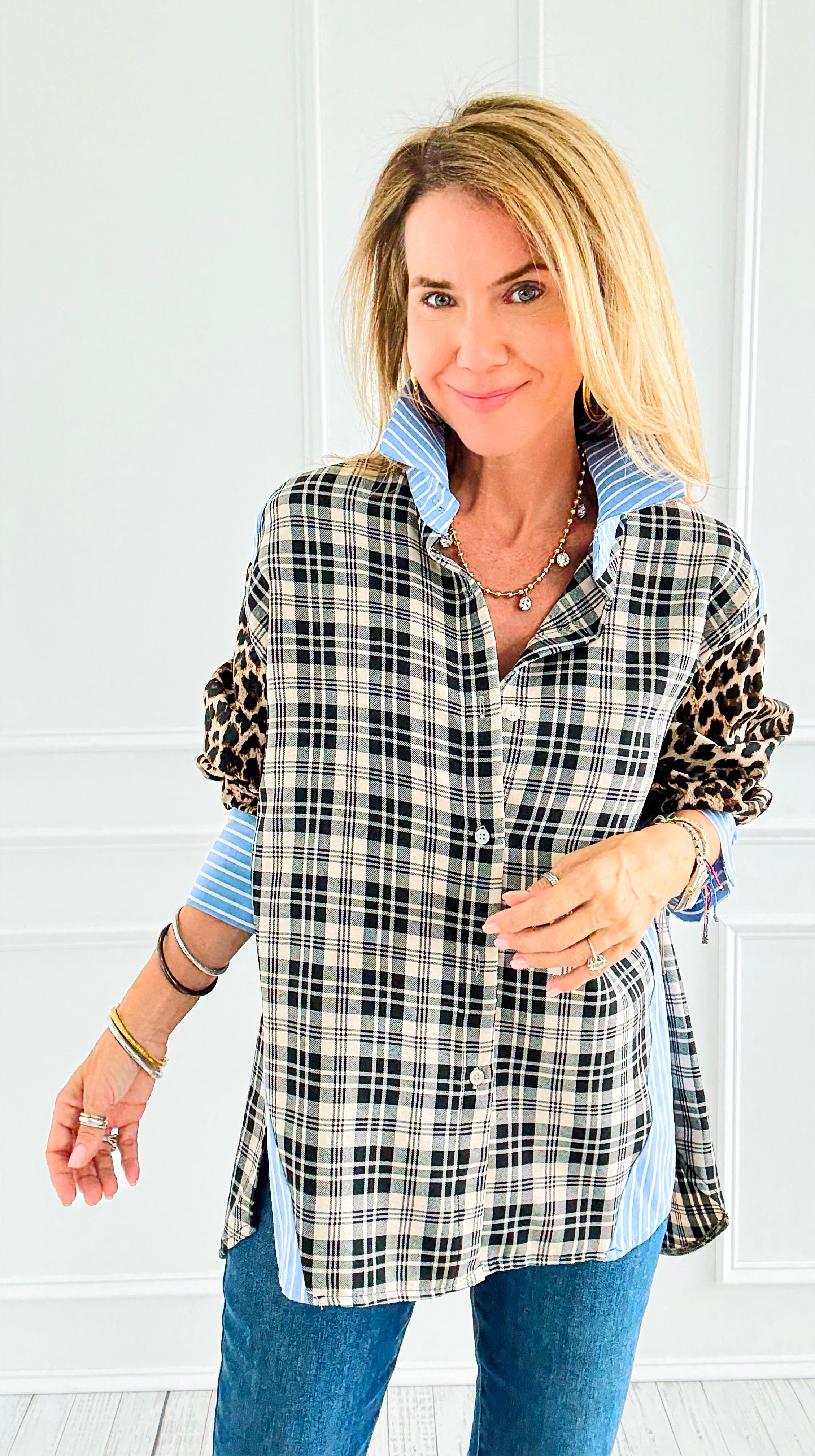 Plaid Instinct Italian Button Down Blouse-110 Long Sleeve Tops-TATTOO Z-Coastal Bloom Boutique, find the trendiest versions of the popular styles and looks Located in Indialantic, FL