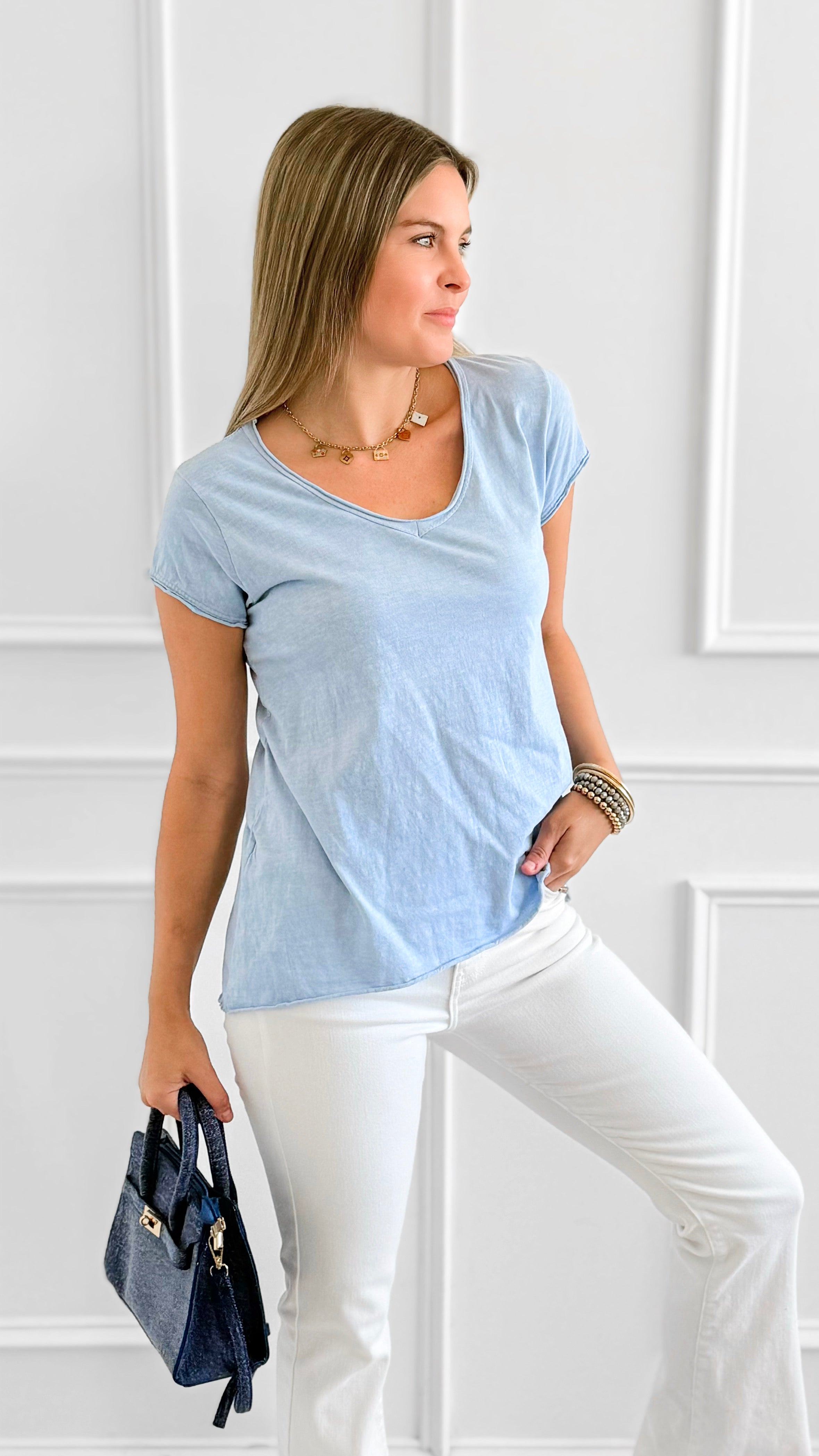 Everyday V-Neck Italian Top- Sky Blue-110 short Sleeve Top-LY PARIS-Coastal Bloom Boutique, find the trendiest versions of the popular styles and looks Located in Indialantic, FL