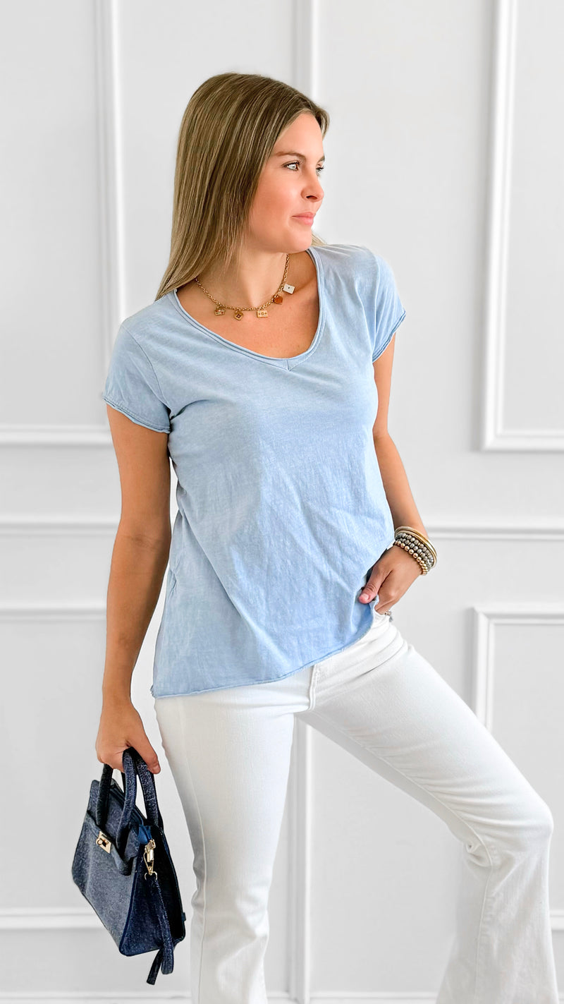 Everyday V-Neck Italian Top- Sky Blue-110 short Sleeve Top-LY PARIS-Coastal Bloom Boutique, find the trendiest versions of the popular styles and looks Located in Indialantic, FL