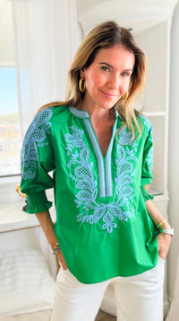 Embroidered Escape V-Neck Top - Green