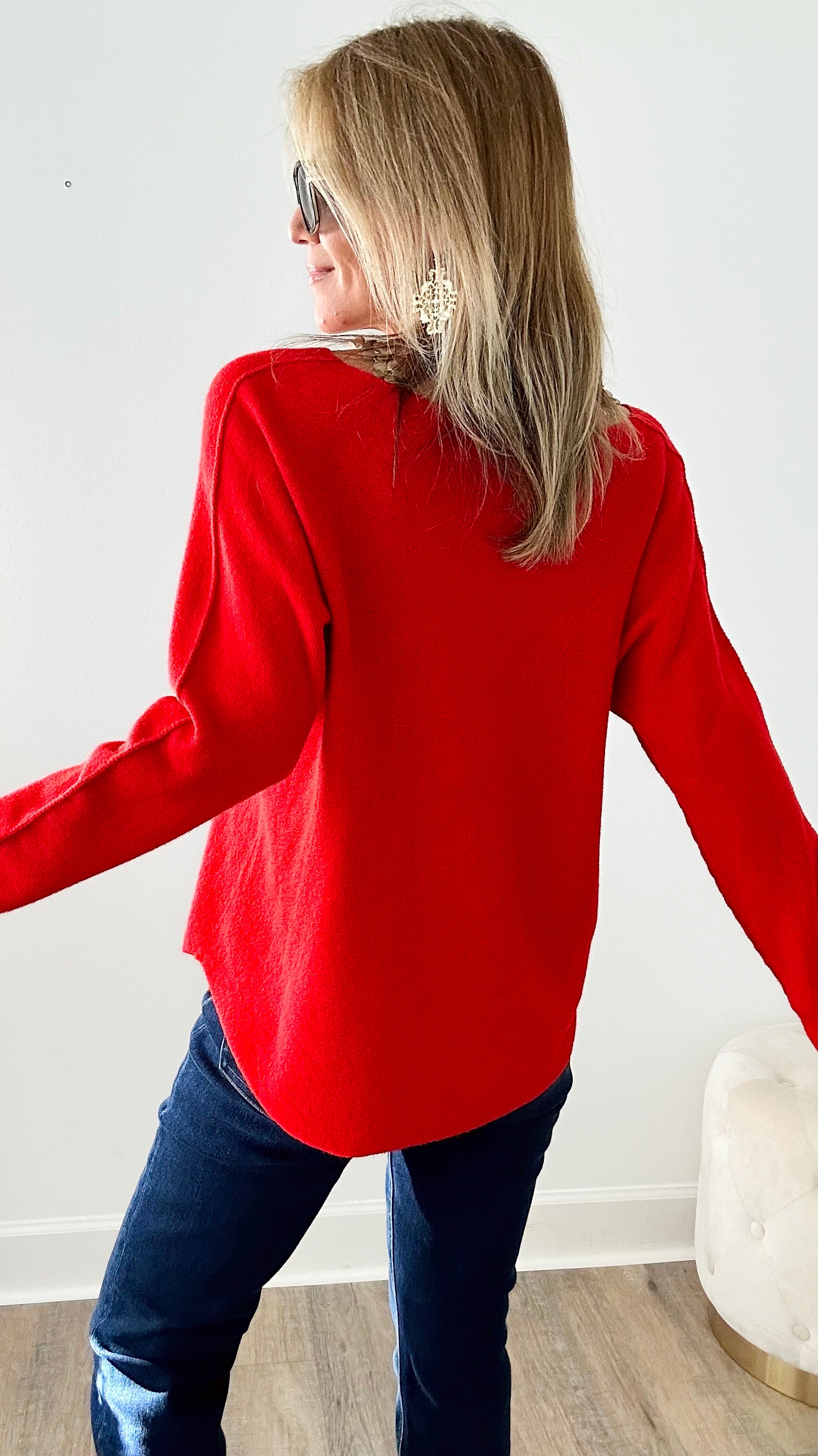 Soho Italian V-Neck Pullover - Red-140 Sweaters-Italianissimo-Coastal Bloom Boutique, find the trendiest versions of the popular styles and looks Located in Indialantic, FL