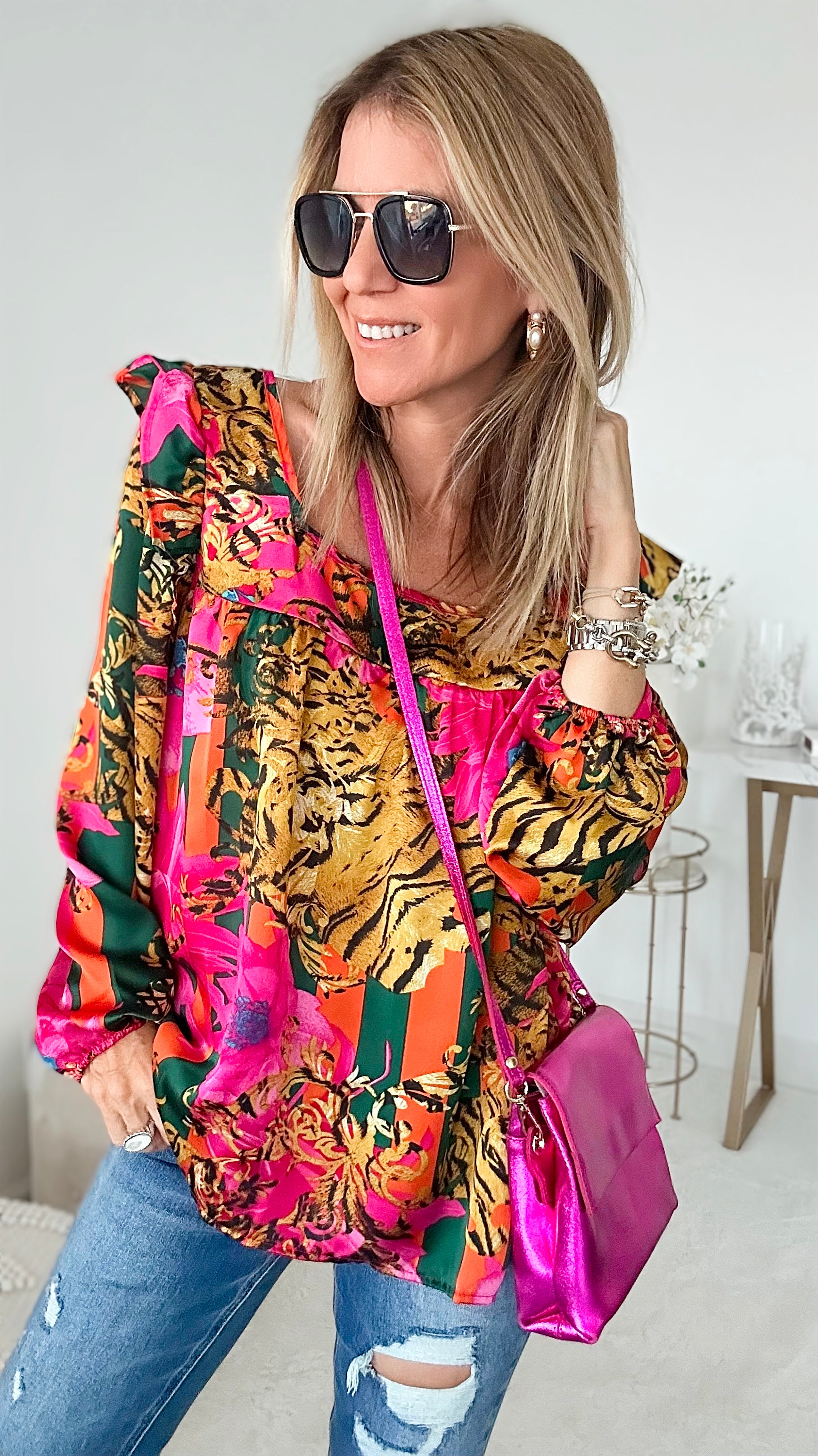 Mighty Jungle Square Neck Top-130 Long Sleeve Tops-BIBI-Coastal Bloom Boutique, find the trendiest versions of the popular styles and looks Located in Indialantic, FL
