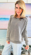 Stone Washed Cable-Sleeve Crewneck Sweater - Mocha-140 Sweaters-Zenana-Coastal Bloom Boutique, find the trendiest versions of the popular styles and looks Located in Indialantic, FL