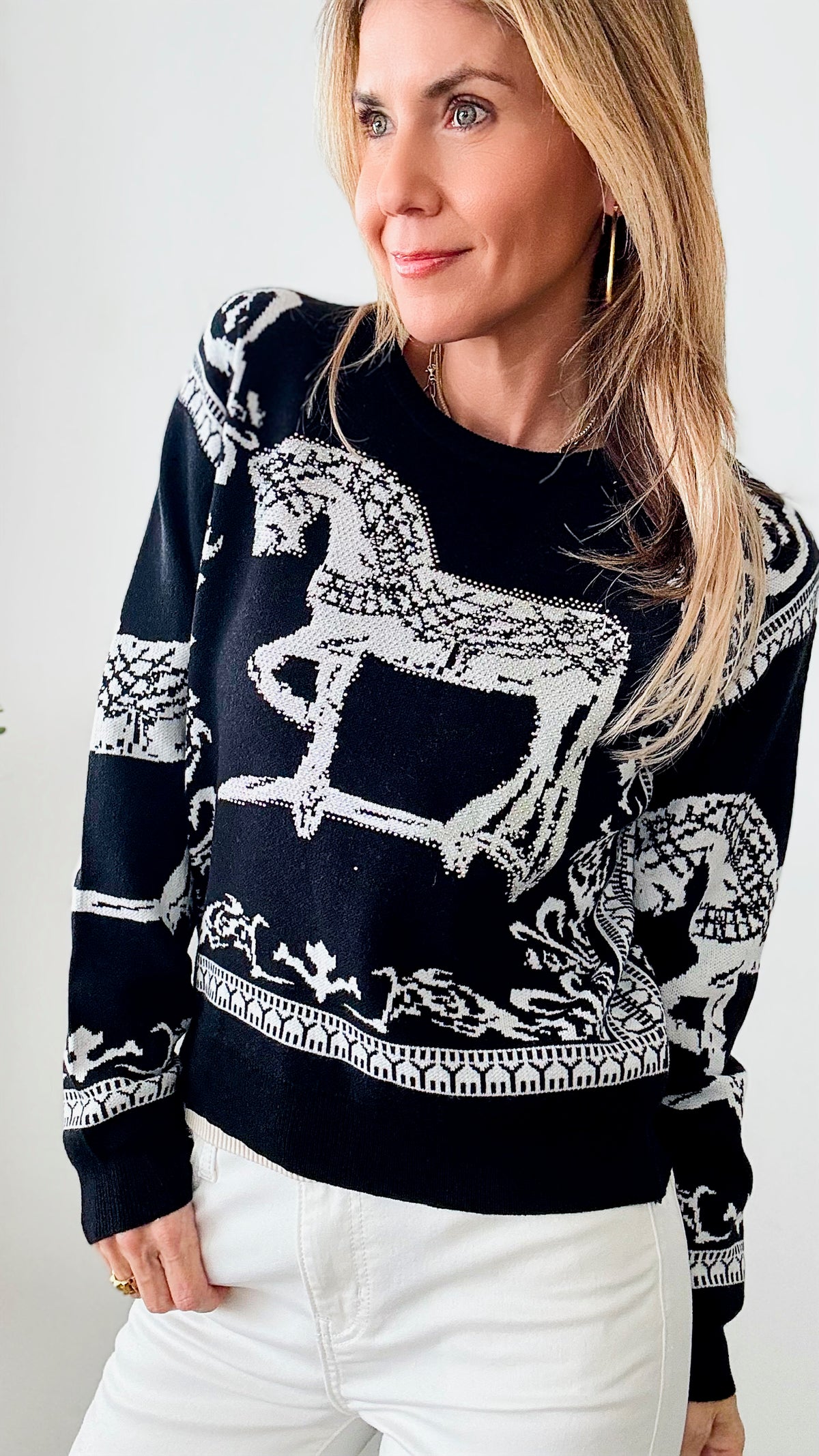 Rich in Black Equestrian Iridescent Horsebit Sweater-140 Sweaters-Chasing Bandits-Coastal Bloom Boutique, find the trendiest versions of the popular styles and looks Located in Indialantic, FL