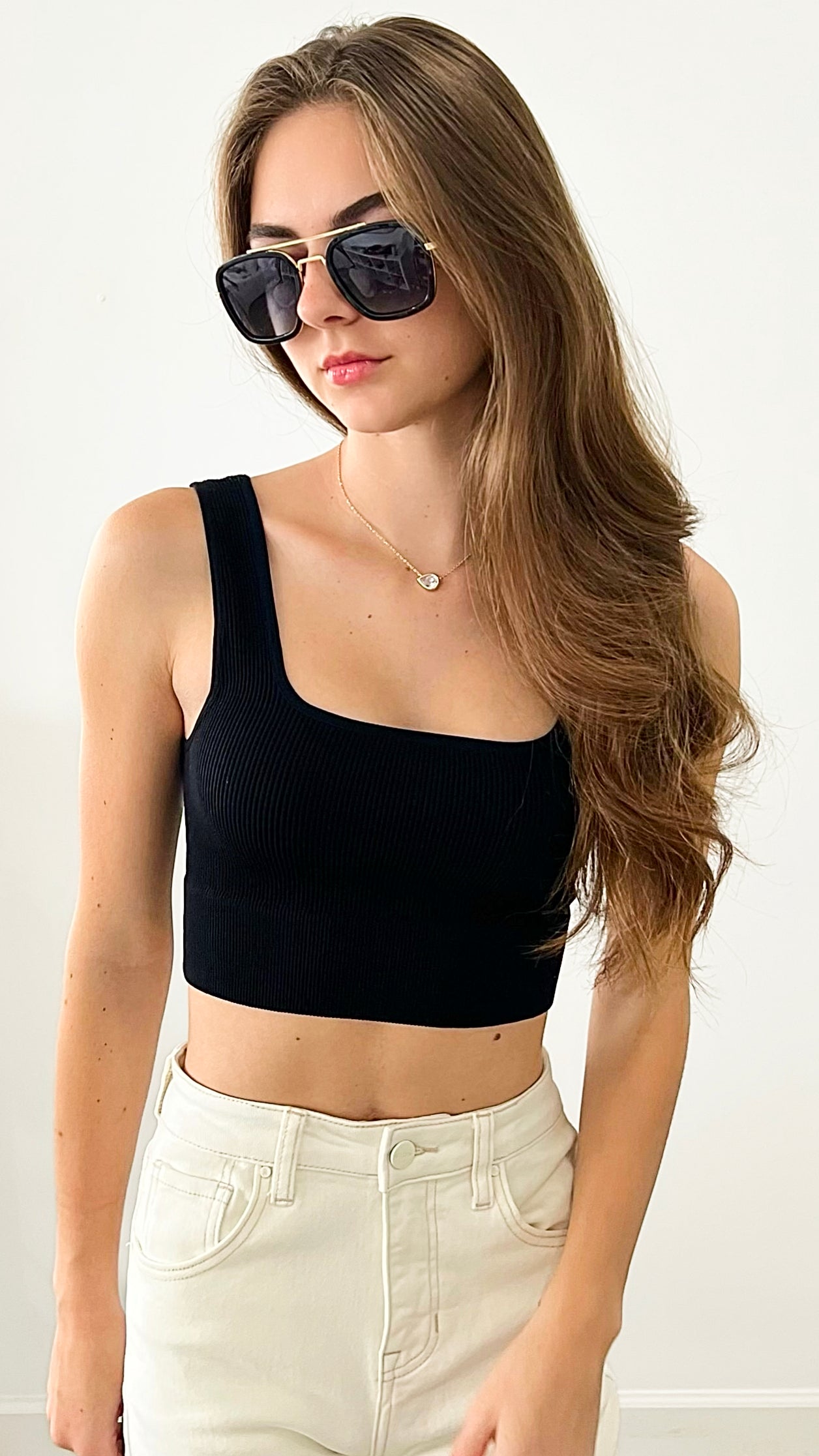 Ribbed Square Neck Cropped Tan Top - Black-220 Intimates-Zenana-Coastal Bloom Boutique, find the trendiest versions of the popular styles and looks Located in Indialantic, FL
