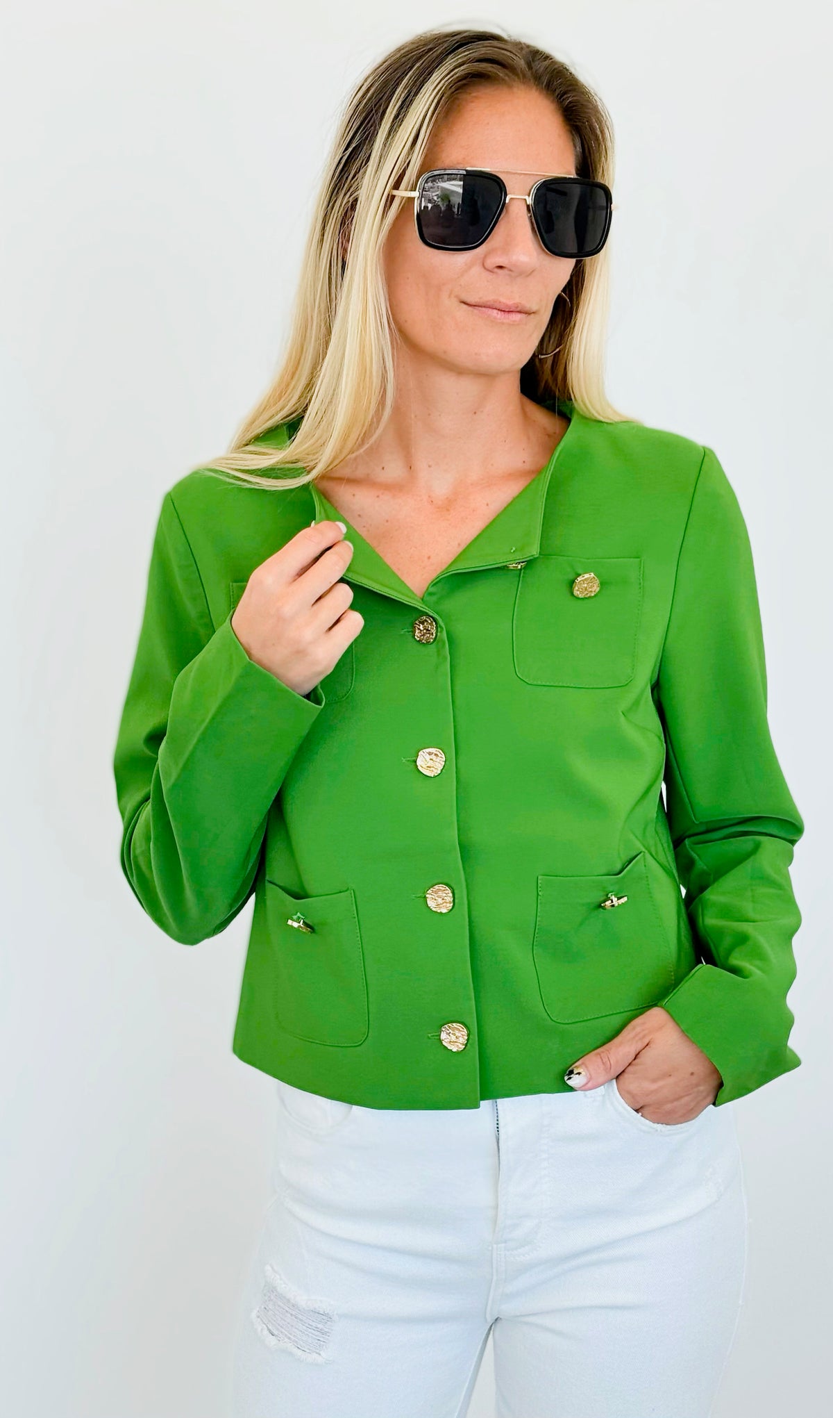 Classic Gold Buttoned Jacket - Green-160 Jackets-Michel-Coastal Bloom Boutique, find the trendiest versions of the popular styles and looks Located in Indialantic, FL