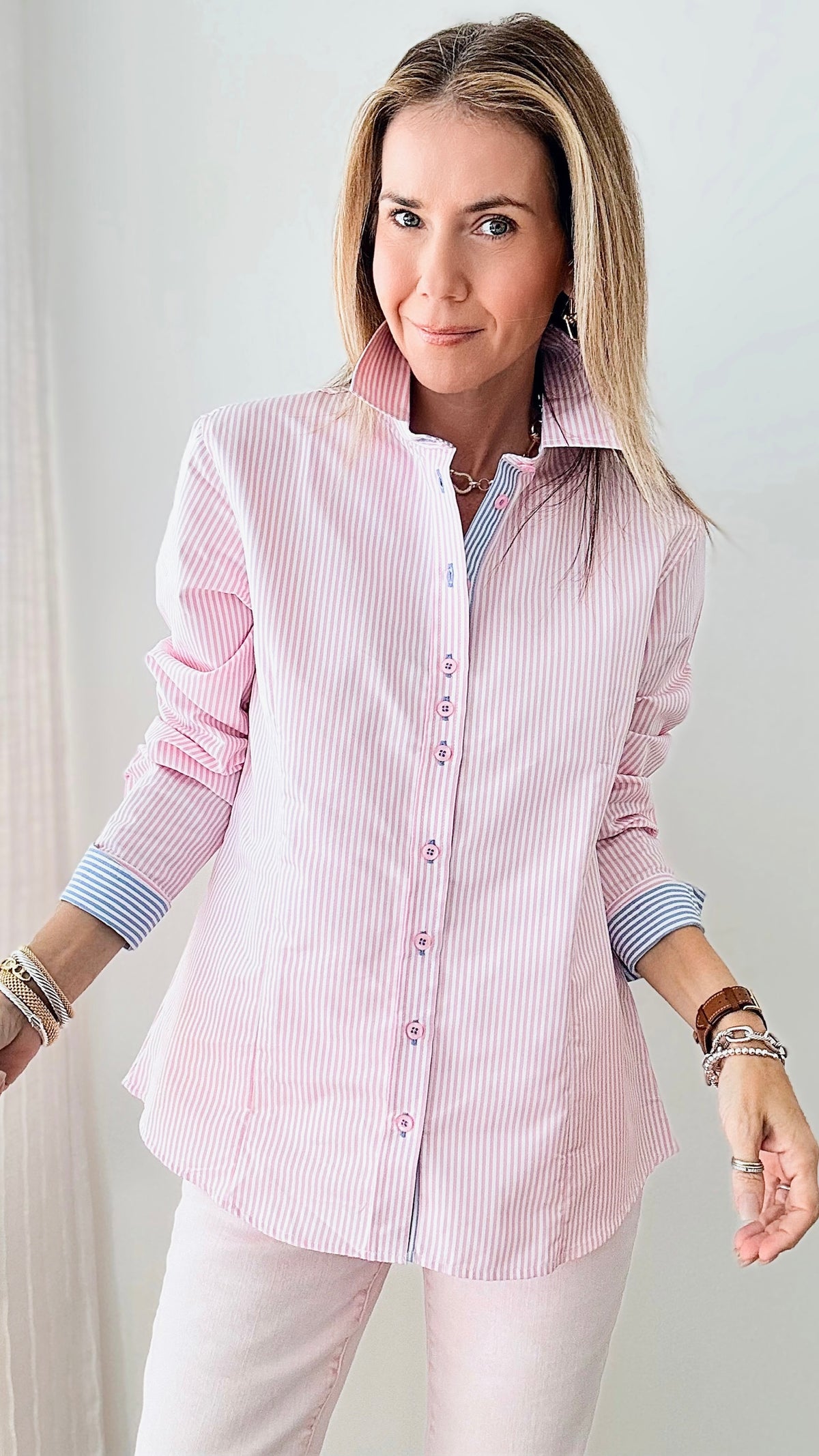 Derby Pink Pinstripe Fitted Blouse-130 Long Sleeve Tops-Grenouille-Coastal Bloom Boutique, find the trendiest versions of the popular styles and looks Located in Indialantic, FL