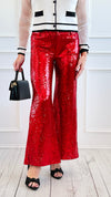 Boujie Holiday Sequin Flare Pants - Red-100 Pants-SO ME-Coastal Bloom Boutique, find the trendiest versions of the popular styles and looks Located in Indialantic, FL