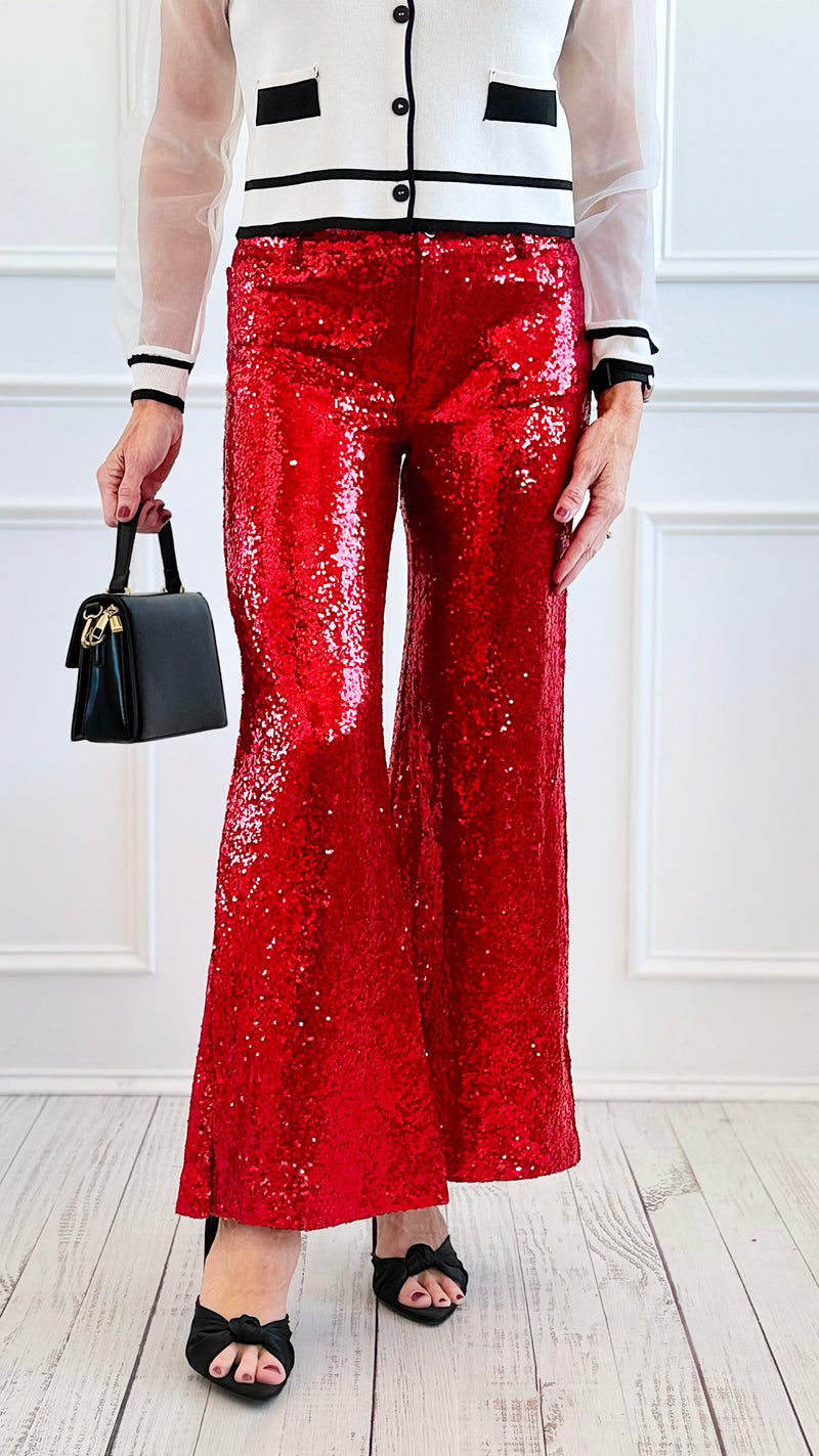 Boujie Holiday Sequin Flare Pants - Red-100 Pants-SO ME-Coastal Bloom Boutique, find the trendiest versions of the popular styles and looks Located in Indialantic, FL