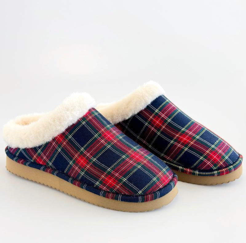 Plaid Sherpa-Lined Slippers - Navy-250 Shoes-Corkys-Coastal Bloom Boutique, find the trendiest versions of the popular styles and looks Located in Indialantic, FL
