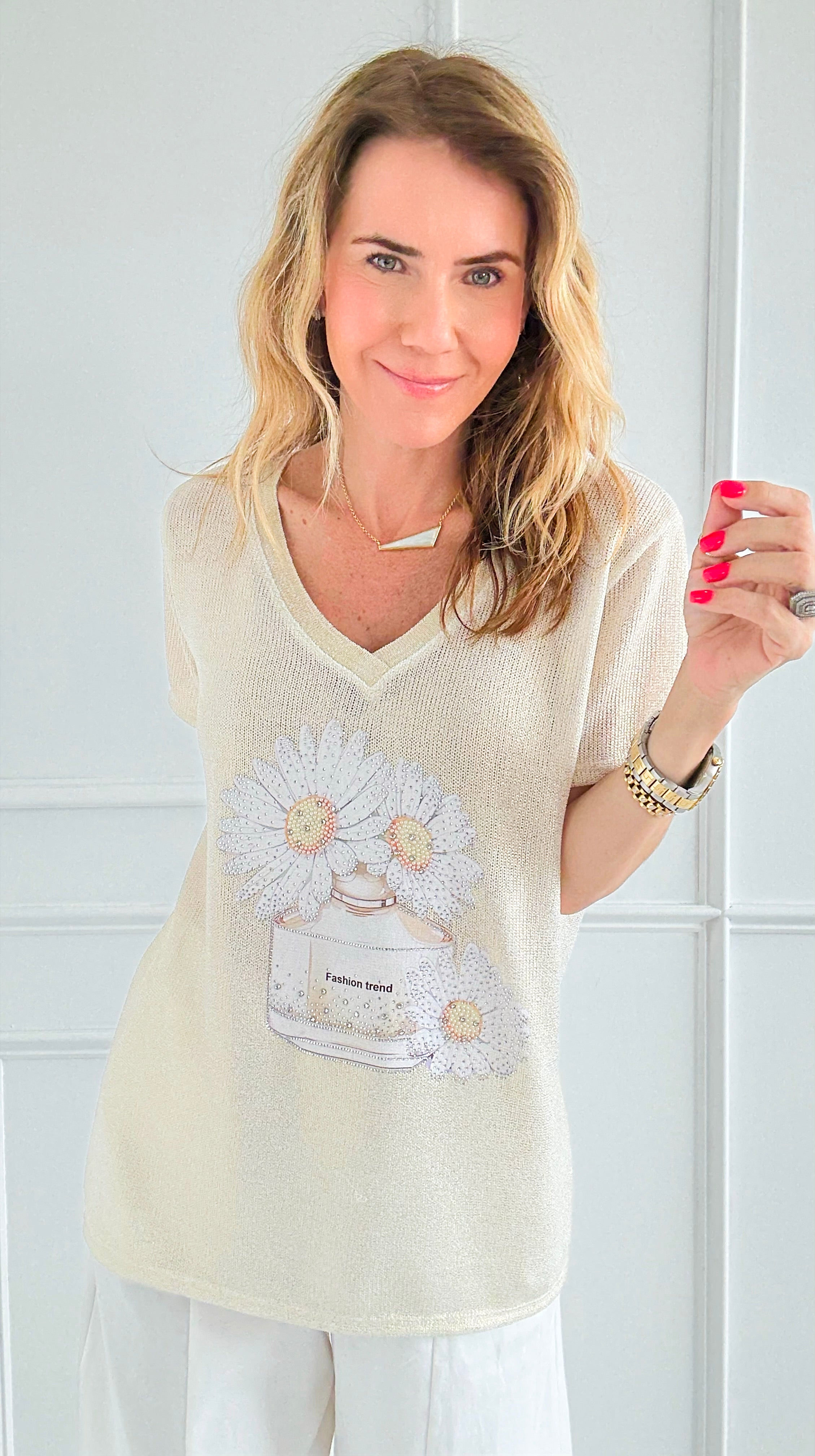 Perfume FlowerShimmer V-Neck Italian Top-110 short Sleeve Top-Italianissimo-Coastal Bloom Boutique, find the trendiest versions of the popular styles and looks Located in Indialantic, FL