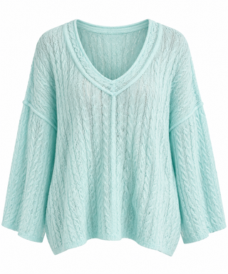 Cable Knit V-Neck Sweater - Mint