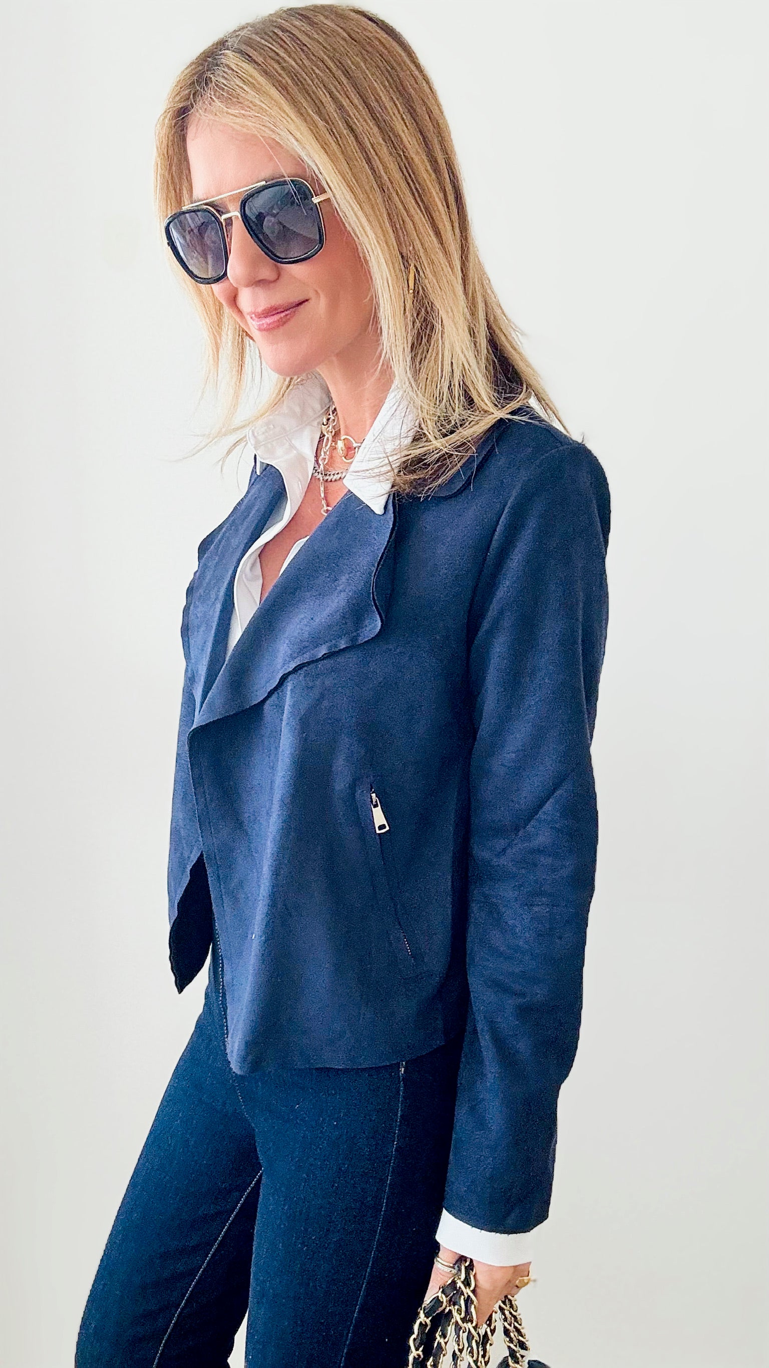 Wide Collar Faux Suede Short Jacket - Navy-160 Jackets-VENTI6 OUTLET-Coastal Bloom Boutique, find the trendiest versions of the popular styles and looks Located in Indialantic, FL