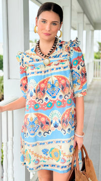 Sunlit Mosaic Ruffle Tie Dress