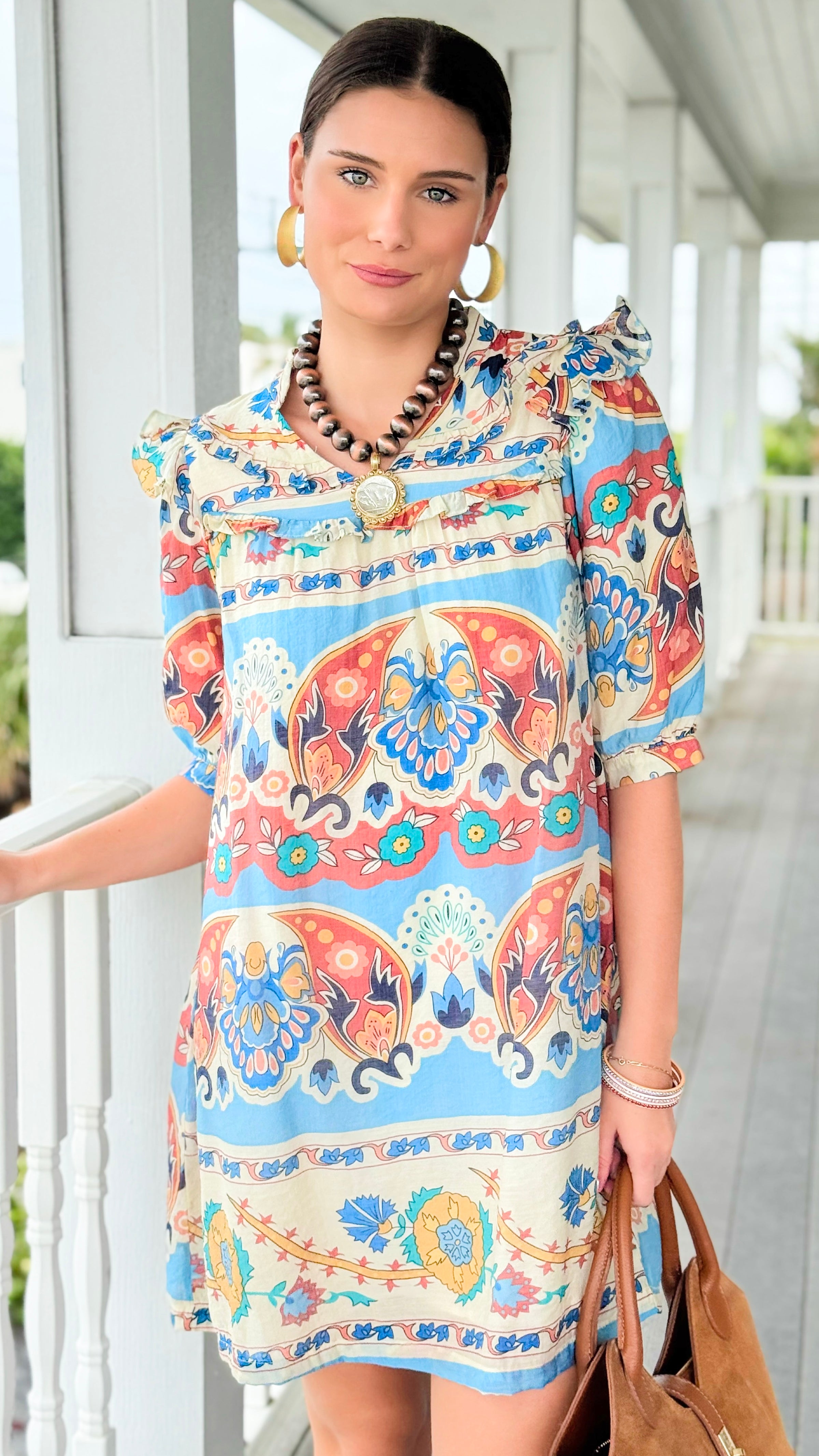Sunlit Mosaic Ruffle Tie Dress
