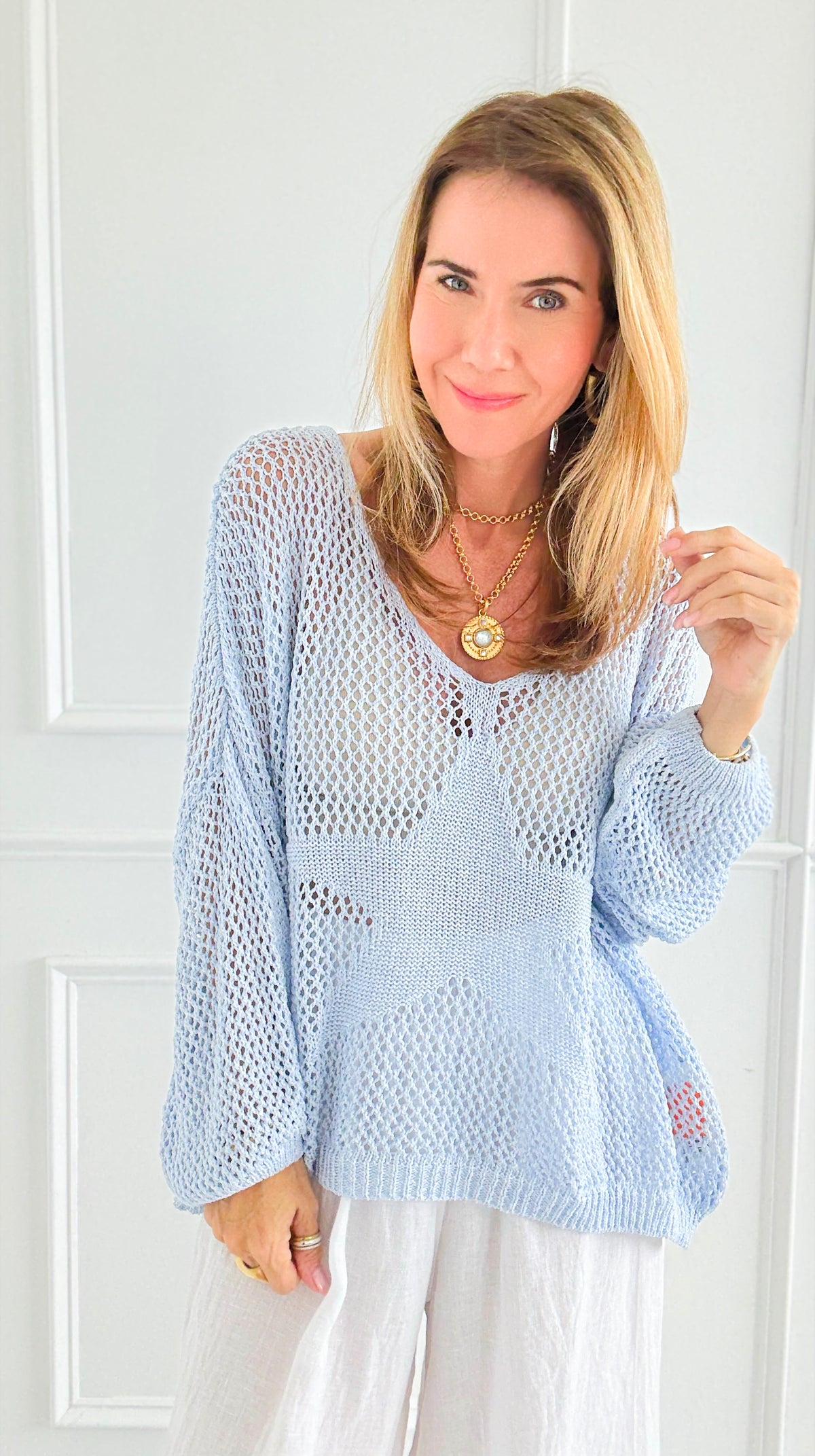 Star Power Italian Knit Sweater- Sky Blue-140 Sweaters-SEÑORITA C-Coastal Bloom Boutique, find the trendiest versions of the popular styles and looks Located in Indialantic, FL