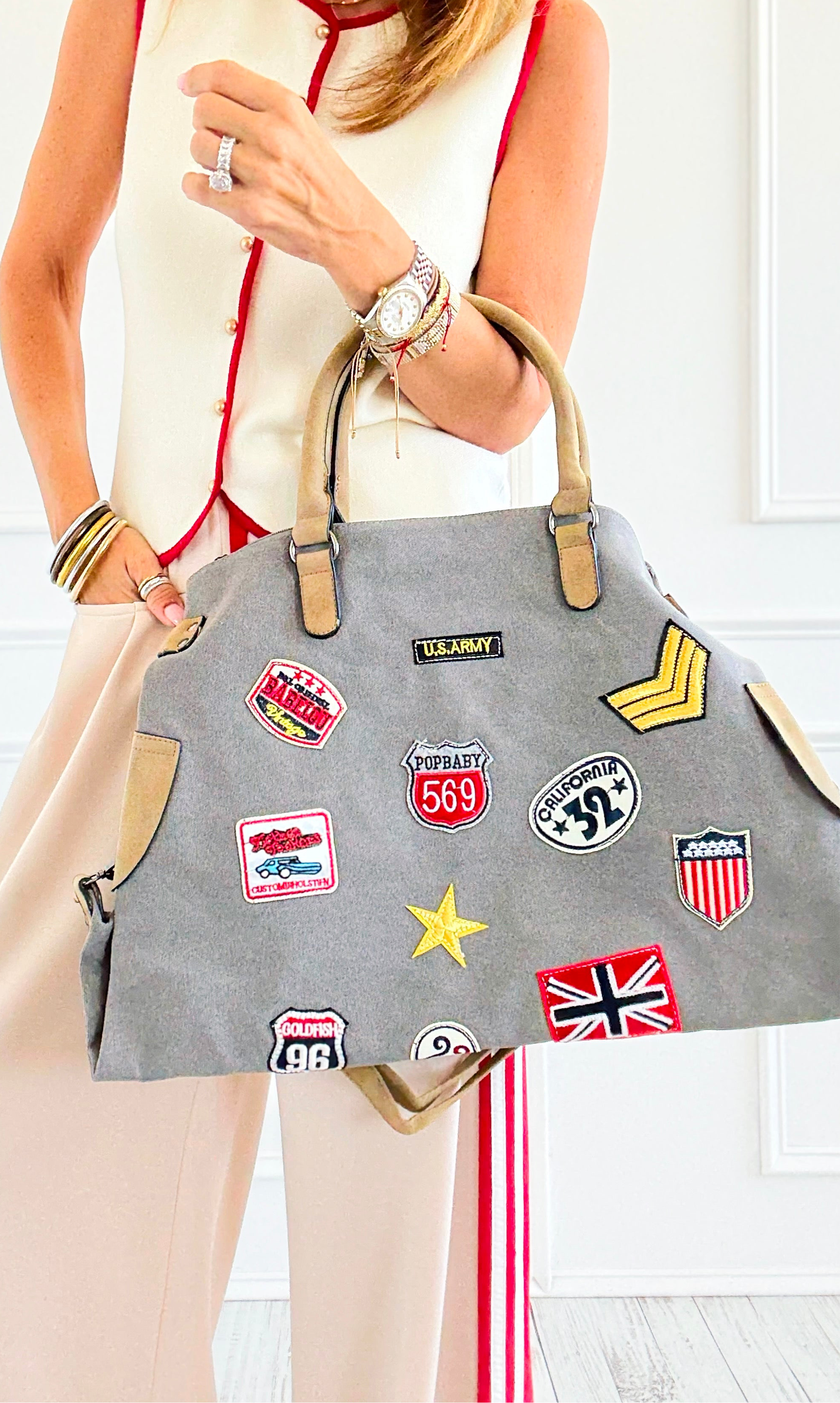 Patch Perfect Italian Tote Bag- Grey-240 Bags-DEDA SRL-Coastal Bloom Boutique, find the trendiest versions of the popular styles and looks Located in Indialantic, FL