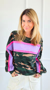 Camo French Terry Stripe Sleeve Top-130 Long Sleeve Tops-BIBI-Coastal Bloom Boutique, find the trendiest versions of the popular styles and looks Located in Indialantic, FL