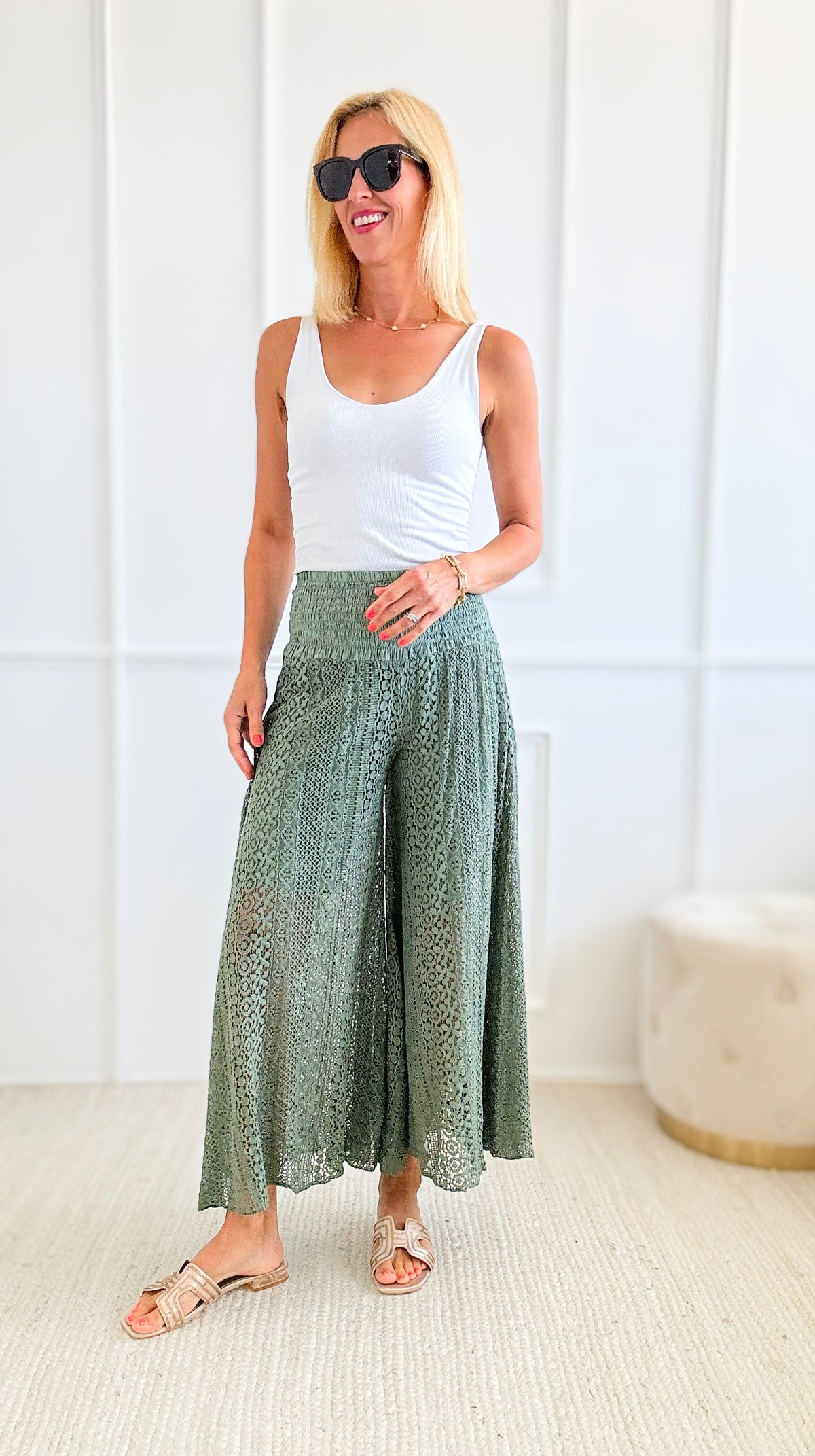 Lace Garden Italian Palazzo - Olive-pants-Italianissimo-Coastal Bloom Boutique, find the trendiest versions of the popular styles and looks Located in Indialantic, FL