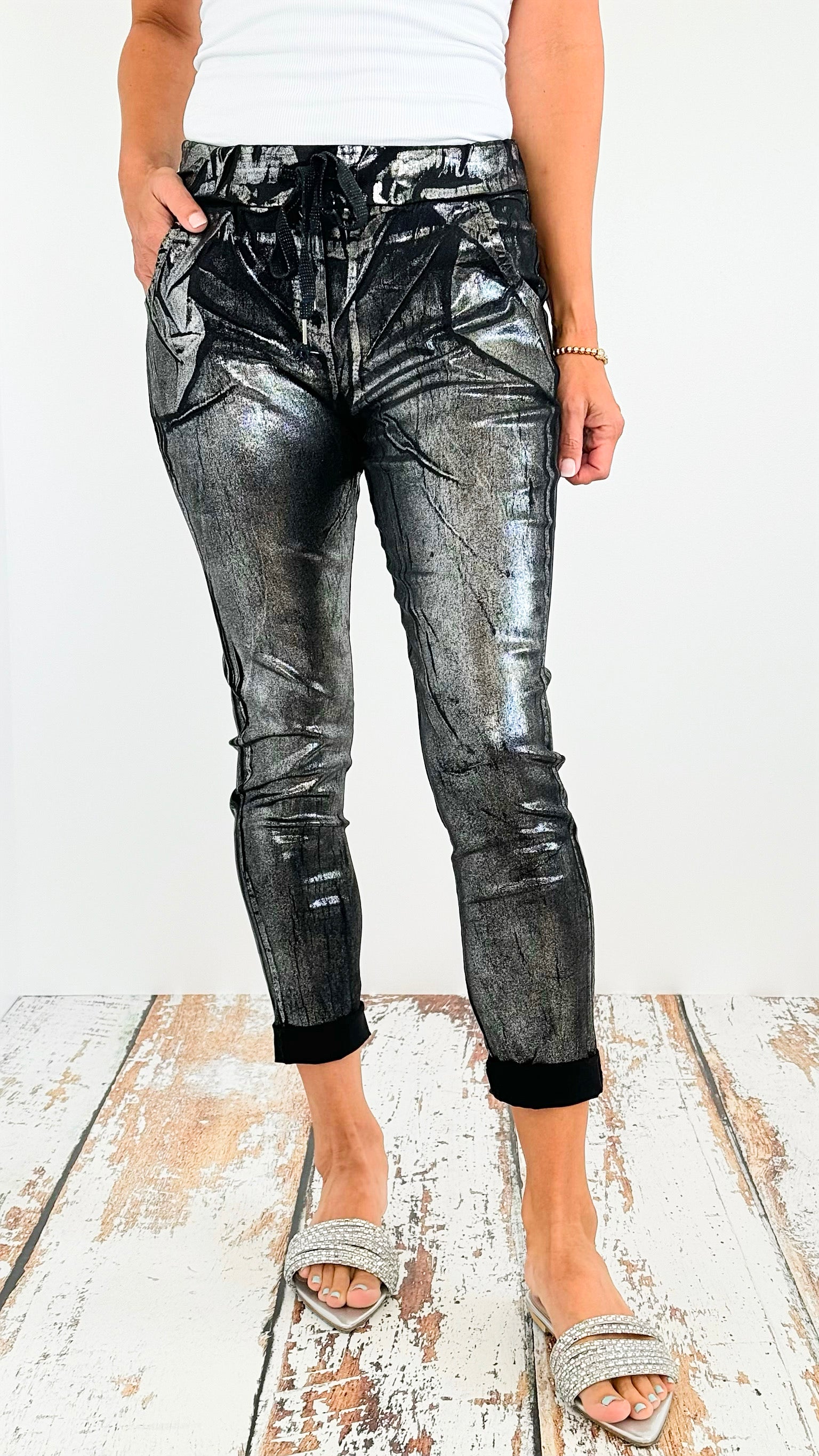 Shine-On Glistening Italian Joggers - Black/ Silver-pants-Italianissimo-Coastal Bloom Boutique, find the trendiest versions of the popular styles and looks Located in Indialantic, FL