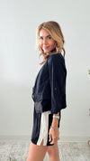 Striped Short Blazer Jacket-Black-160 Jackets-Michel-Coastal Bloom Boutique, find the trendiest versions of the popular styles and looks Located in Indialantic, FL