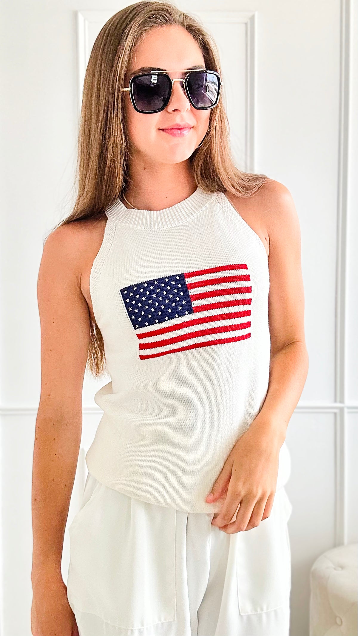 American Flag Knitted Tank Top - Off White-100 Sleeveless Tops-Anniewear-Coastal Bloom Boutique, find the trendiest versions of the popular styles and looks Located in Indialantic, FL