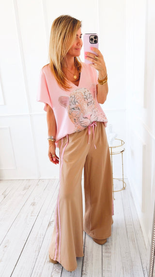 On Track Italian Wide Sweatpants- Camel/ Pink