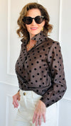 Charmed In Dots Italian Button Up Top- Brown-170 Bottoms-AZUL MONACO-Coastal Bloom Boutique, find the trendiest versions of the popular styles and looks Located in Indialantic, FL