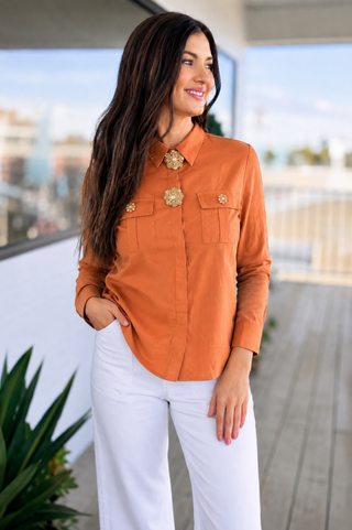 Rhinestone Brooch Detail Top - Rust