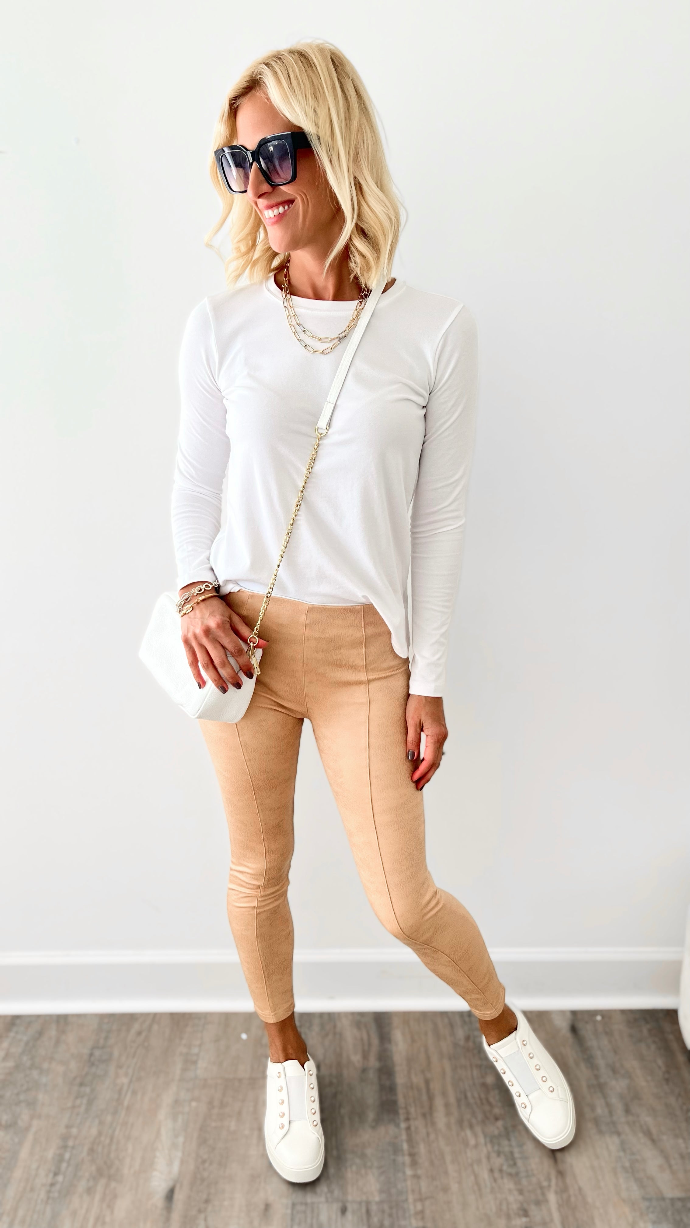 Structured Faux Leather Italian Leggings - Light Camel-170 Bottoms-Germany-Coastal Bloom Boutique, find the trendiest versions of the popular styles and looks Located in Indialantic, FL