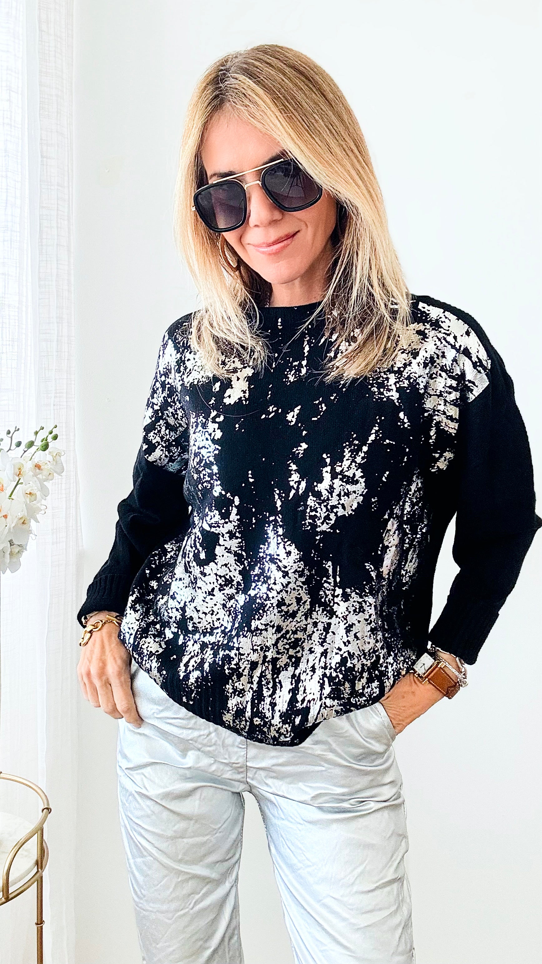 Boatneck Italian Silver Foil Sweater-140 Sweaters-Look Mode-Coastal Bloom Boutique, find the trendiest versions of the popular styles and looks Located in Indialantic, FL