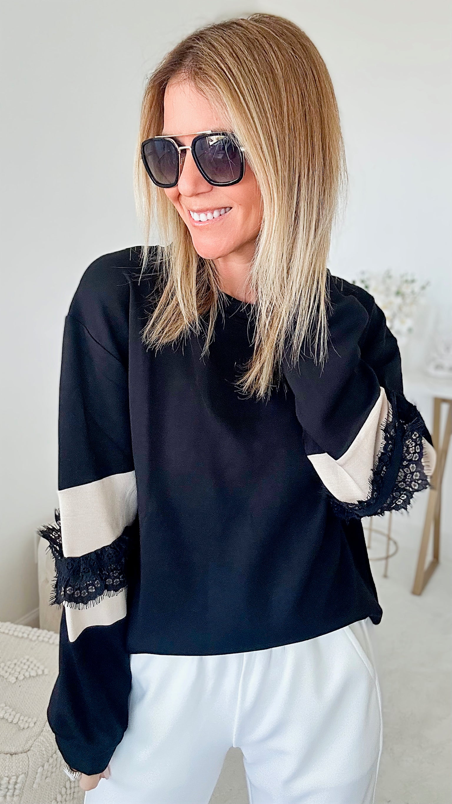 Casual Debutant Lace Sweatshirt - Black-130 Long Sleeve Tops-Joh Apparel-Coastal Bloom Boutique, find the trendiest versions of the popular styles and looks Located in Indialantic, FL