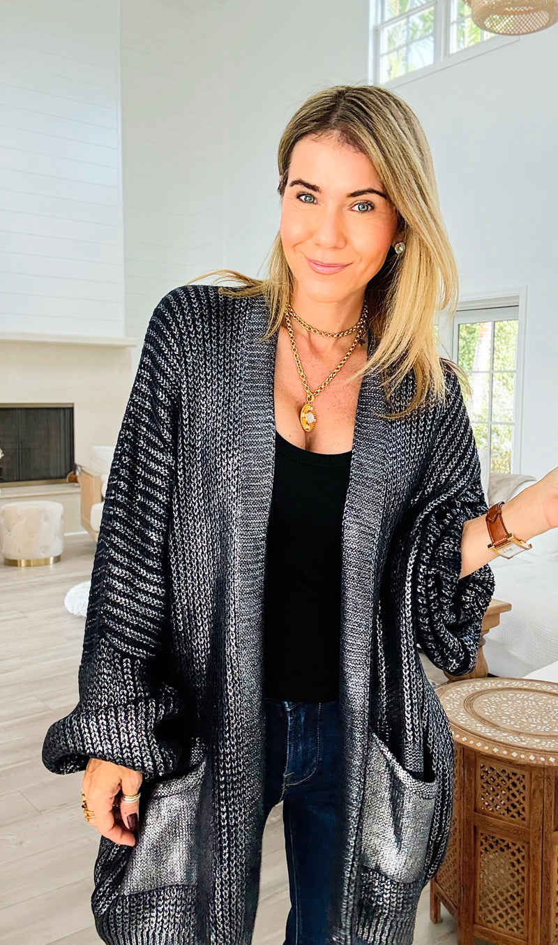 Mirrored Metallic Sugar High Italian Cardigan- Navy/ Silver-150 Cardigan Layers-Italianissimo-Coastal Bloom Boutique, find the trendiest versions of the popular styles and looks Located in Indialantic, FL
