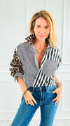 Leopard Stripe Italian Woven Blouse-110 Long Sleeve Tops-TATTOO Z-Coastal Bloom Boutique, find the trendiest versions of the popular styles and looks Located in Indialantic, FL