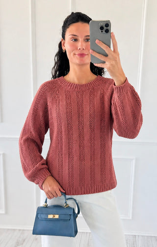 Striped Cable Knit Sweater - Rose