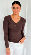 Button Me Up Ribbed Top - Brown-130 Long Sleeve Tops-YELETE-Coastal Bloom Boutique, find the trendiest versions of the popular styles and looks Located in Indialantic, FL