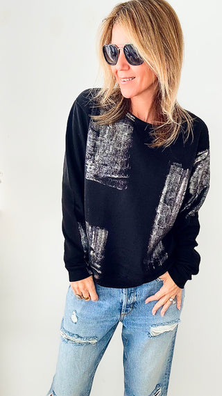 CB Custom Metallic Sweatshirt - Black/Silver-130 Long Sleeve Tops-HOLLY / CB-Coastal Bloom Boutique, find the trendiest versions of the popular styles and looks Located in Indialantic, FL