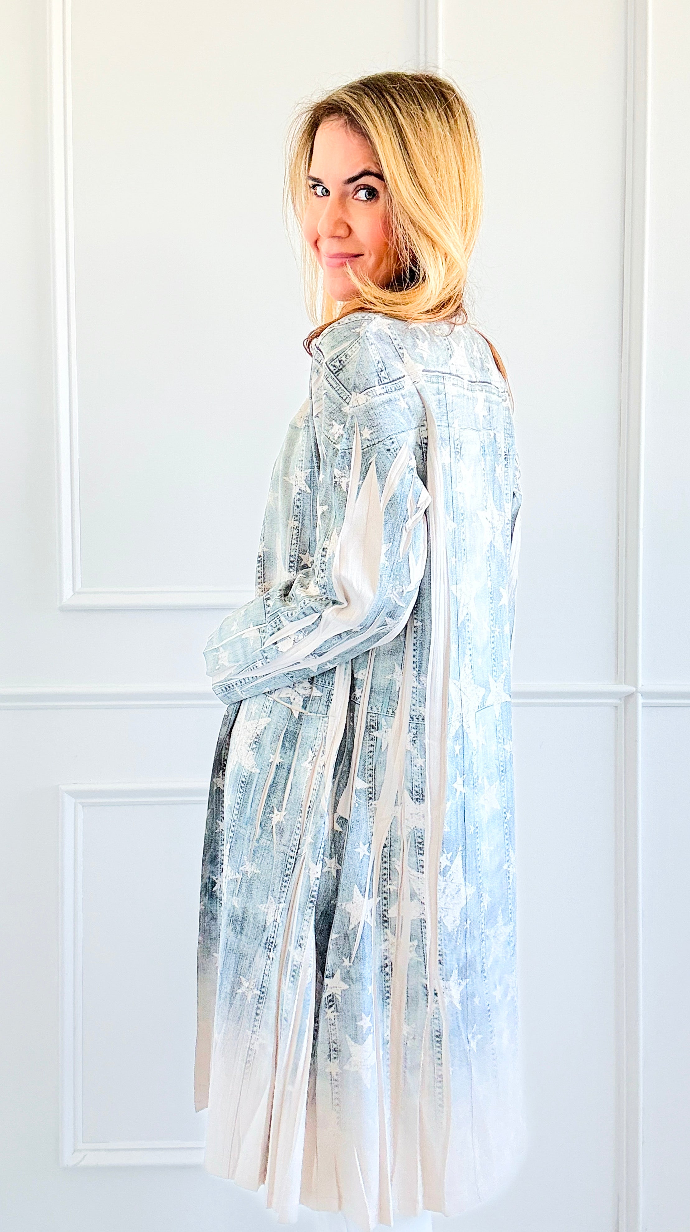 Celestial Starry Denim Long Cardigan-160 Jackets-Origami Fashion Inc-Coastal Bloom Boutique, find the trendiest versions of the popular styles and looks Located in Indialantic, FL