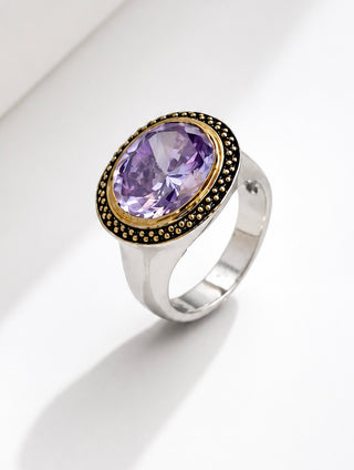 Sterling Silver Two Tone Oval Halo Ring - Amethyst