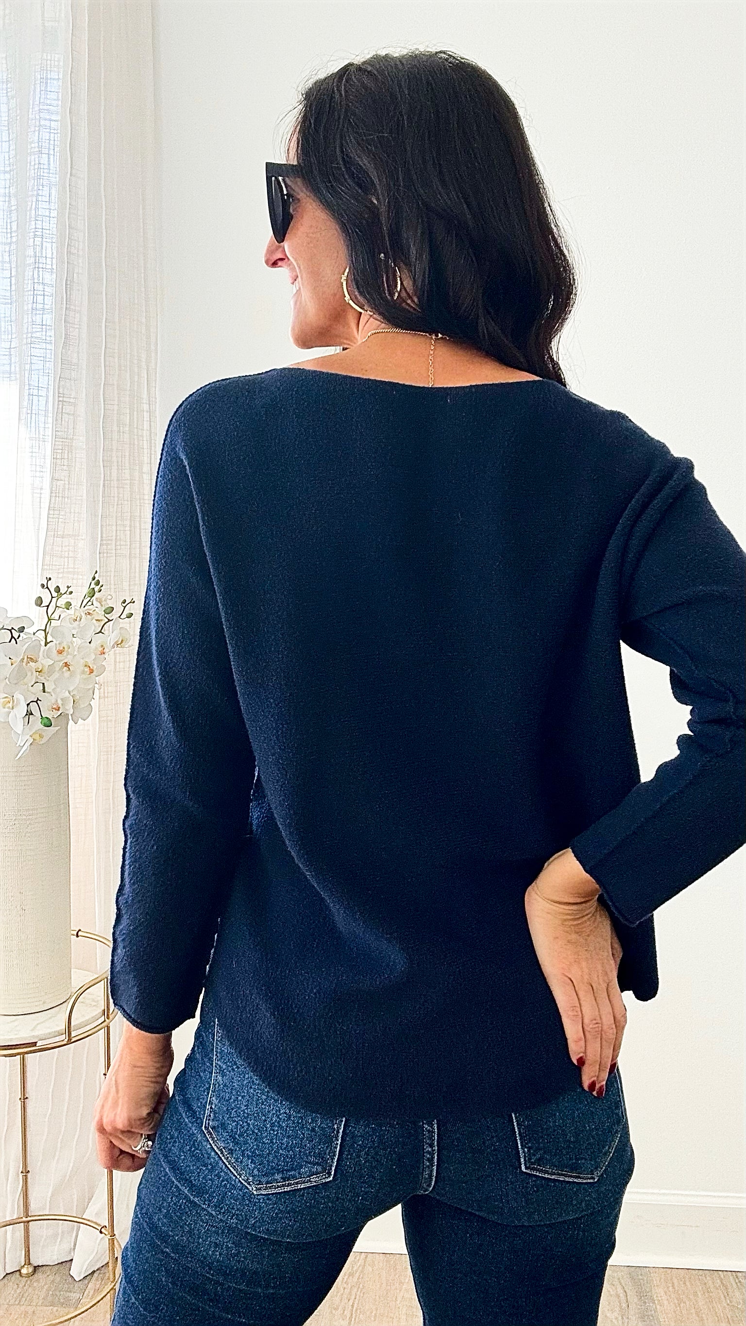 Soho Italian V-Neck Pullover - Navy-140 Sweaters-Italianissimo-Coastal Bloom Boutique, find the trendiest versions of the popular styles and looks Located in Indialantic, FL