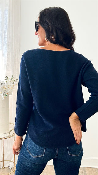 Soho Italian V-Neck Pullover - Navy-140 Sweaters-Italianissimo-Coastal Bloom Boutique, find the trendiest versions of the popular styles and looks Located in Indialantic, FL