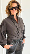 Chic Corduroy Ruffle Neck Italian Button- Down Top- Charcoal-110 Long Sleeve Tops-AZUL MONACO-Coastal Bloom Boutique, find the trendiest versions of the popular styles and looks Located in Indialantic, FL