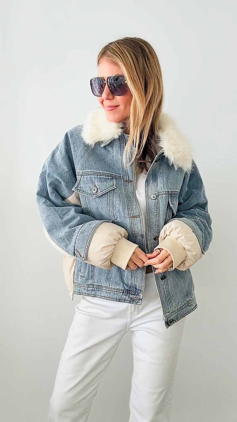 Mega Denim Puff & Faux Fur Jacket-160 Jackets-BIBI-Coastal Bloom Boutique, find the trendiest versions of the popular styles and looks Located in Indialantic, FL