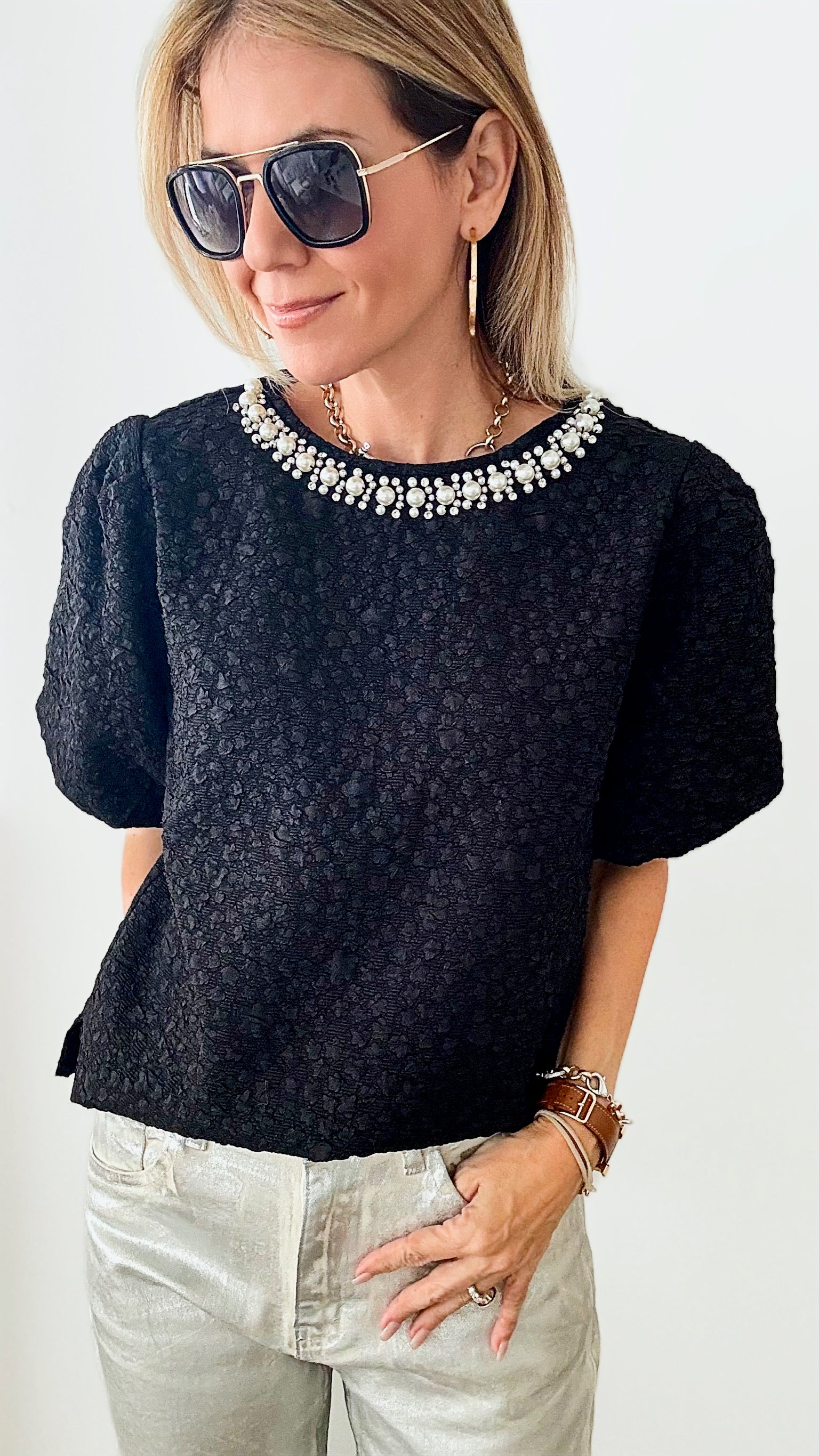 Windelle Textured Top - Black-110 Short Sleeve Tops-Joh Apparel-Coastal Bloom Boutique, find the trendiest versions of the popular styles and looks Located in Indialantic, FL