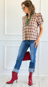 Checked Charm Puff Sleeve Top - Taupe-110 Short Sleeve Tops-entro-Coastal Bloom Boutique, find the trendiest versions of the popular styles and looks Located in Indialantic, FL