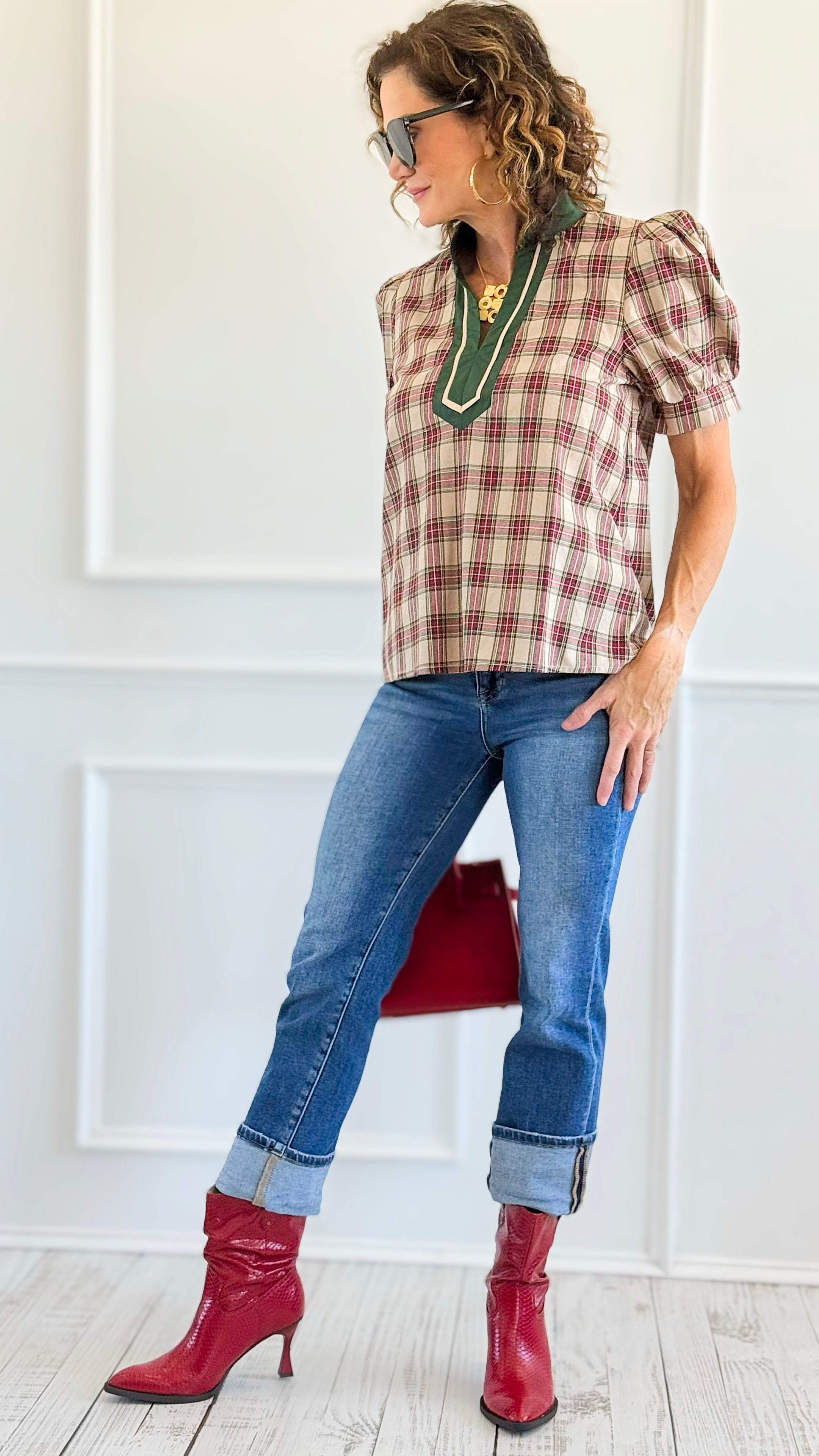 Checked Charm Puff Sleeve Top - Taupe-110 Short Sleeve Tops-entro-Coastal Bloom Boutique, find the trendiest versions of the popular styles and looks Located in Indialantic, FL
