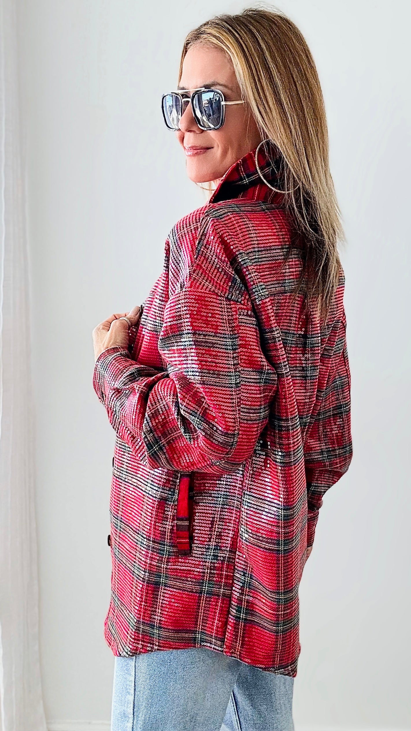 Clear Sequin Plaid Christmas Shirt - Red Multi-160 Jackets-BIBI-Coastal Bloom Boutique, find the trendiest versions of the popular styles and looks Located in Indialantic, FL
