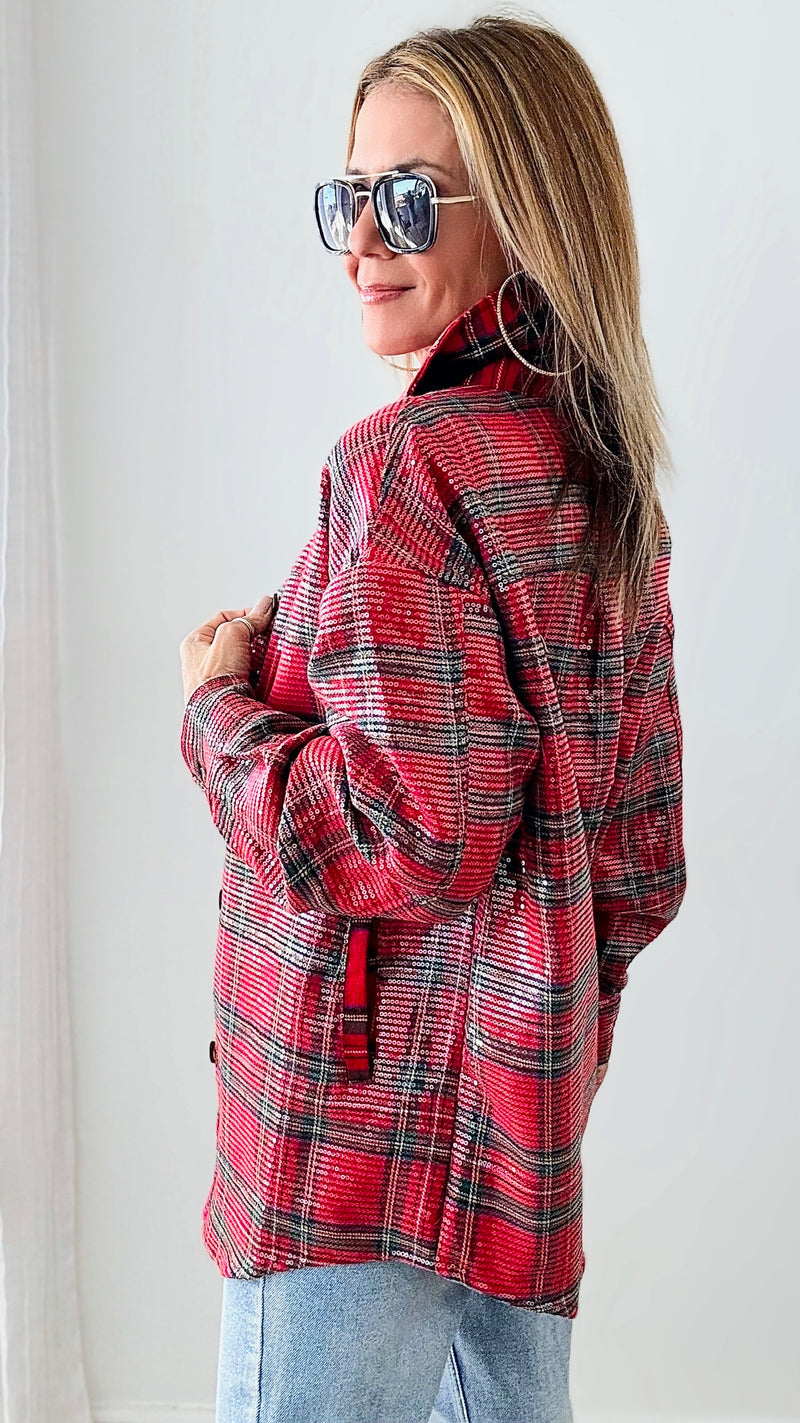 Clear Sequin Plaid Christmas Shirt - Red Multi-160 Jackets-BIBI-Coastal Bloom Boutique, find the trendiest versions of the popular styles and looks Located in Indialantic, FL